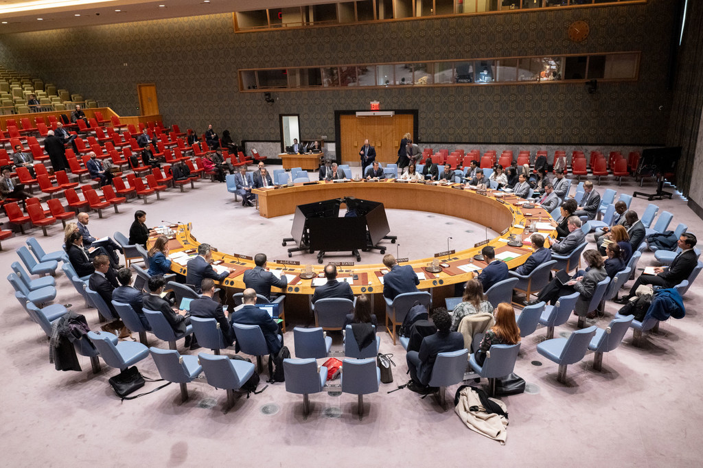 联合国安理会就利比亚局势召开会议的全景画面。